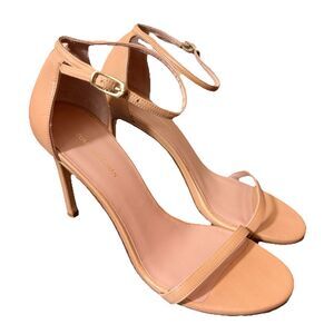 Stuart Weitzman Nudistsong Sandals Beige Leather Sz 8 Ankle Strap Heel Open Toe